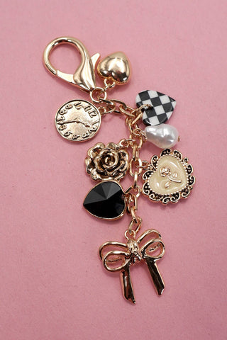 Gold Checked Heart and Bows Bag Charm