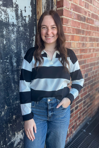 Long Sleeve Rugby Stripe Polo Sweater Top