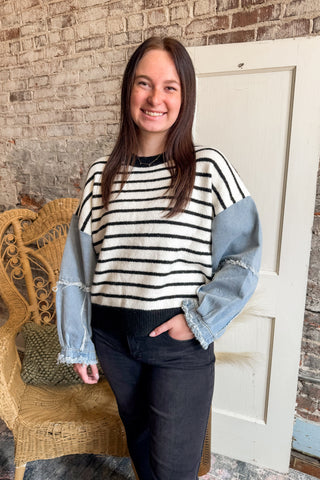 Washed Denim Sleeve Striped Sweater Top