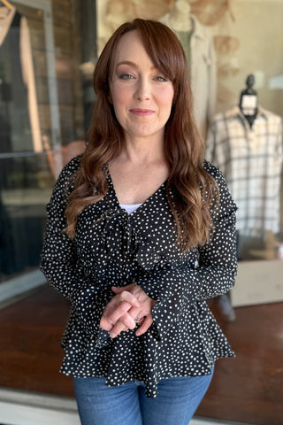 Polka Dot Ruffled Black Top