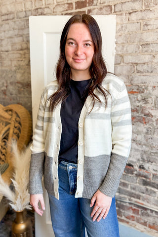 Heather Gray Striped Button Up Cardigan