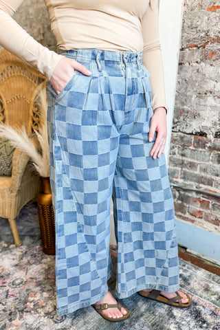 Checker Washed Denim Wide Leg Pants