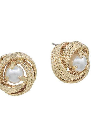 Gold Textured Knot with Pearl Stud Earrings