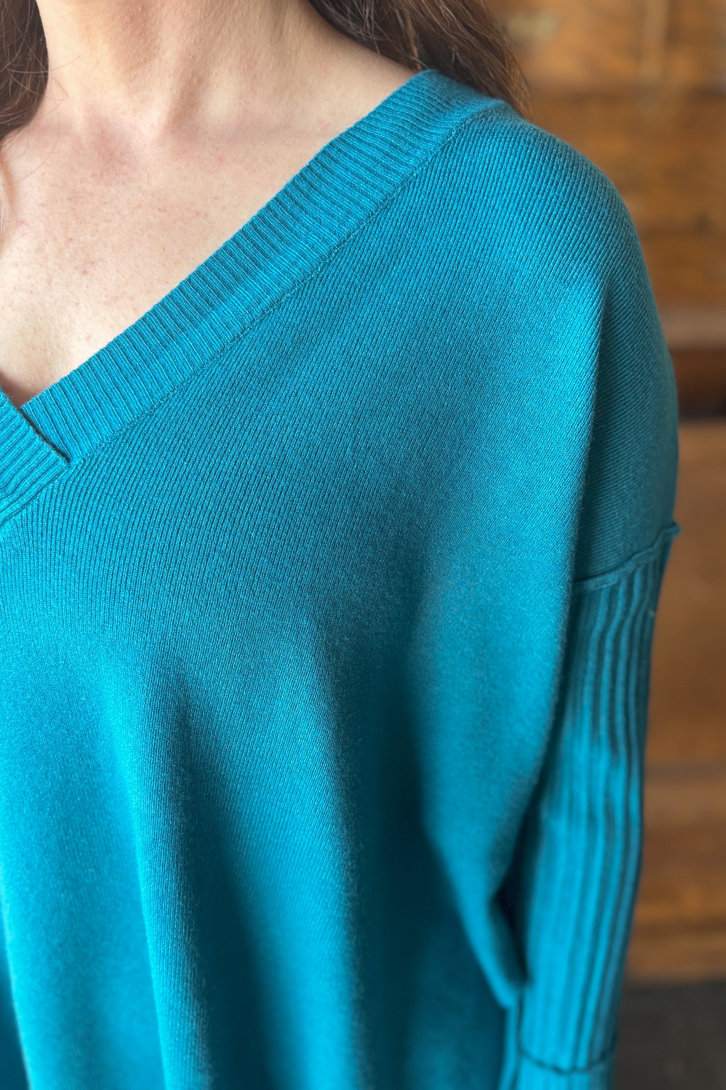 Teal Love V-Neck Ribbed Sleeve Sweater