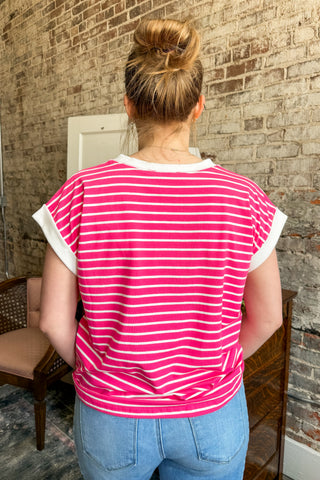 Hot Pink Harbor Stripe Cuffed Sleeve Top