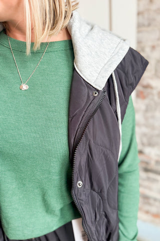 Black Quilted Drawstring Hooded Vest