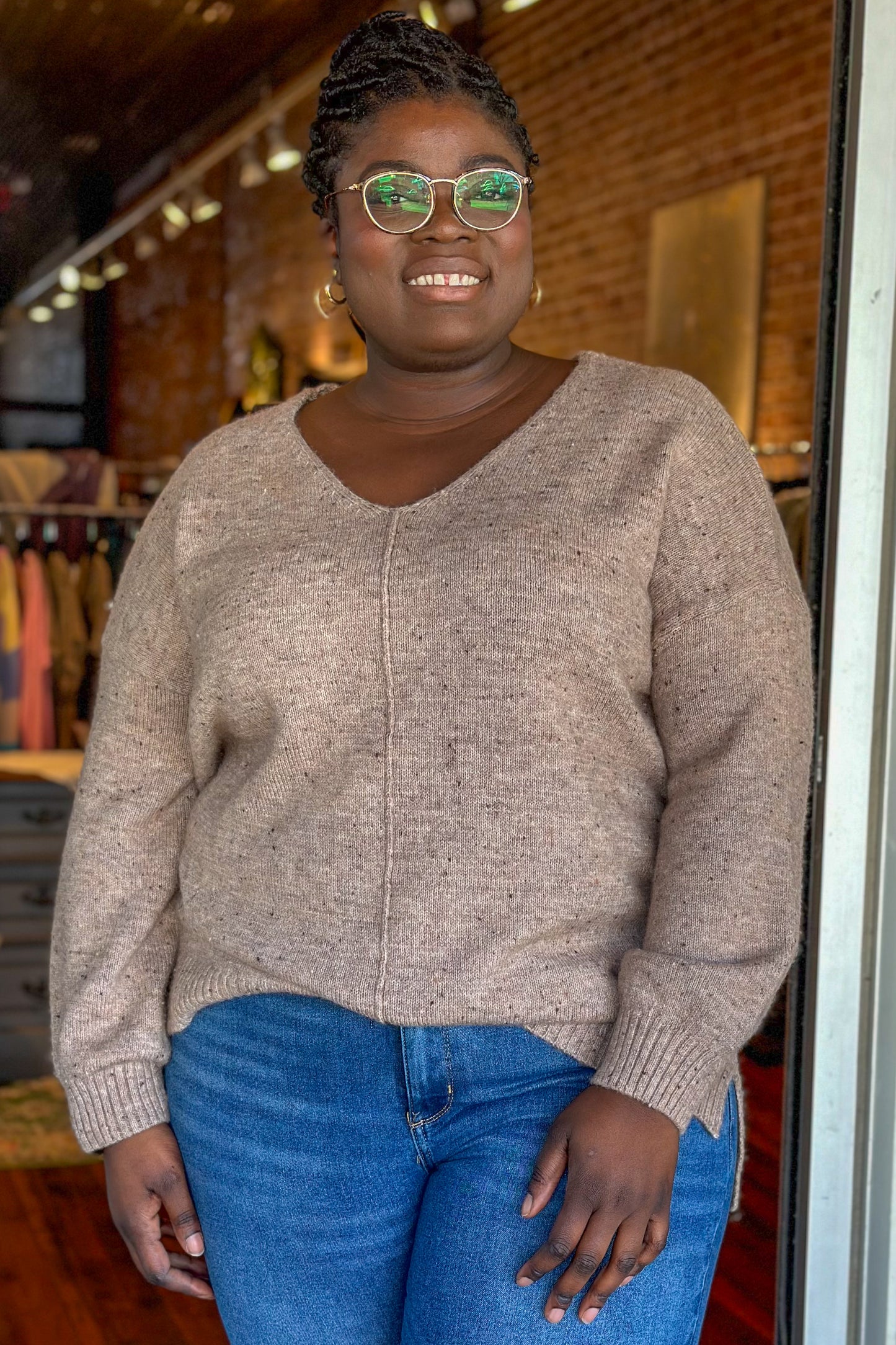 Mocha Speckled Knit Curvy Sweater