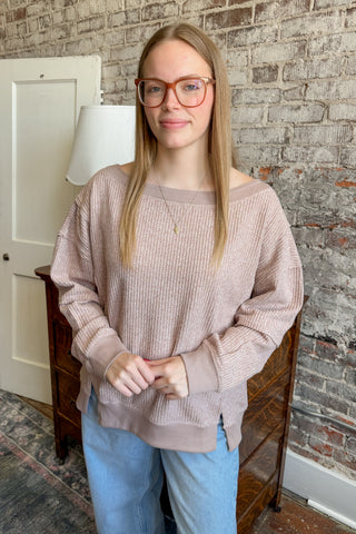 Mocha Waffle Knit Boat Neckline Pullover