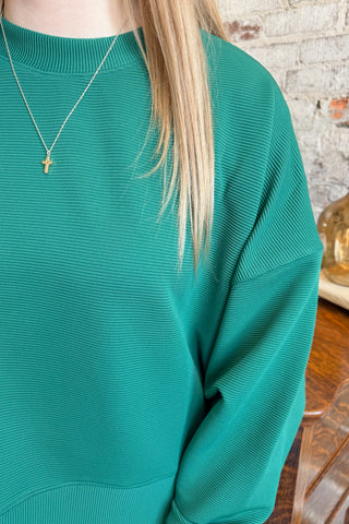 Hunter Green Ribbed Balloon Sleeve Pullover (+Curvy)