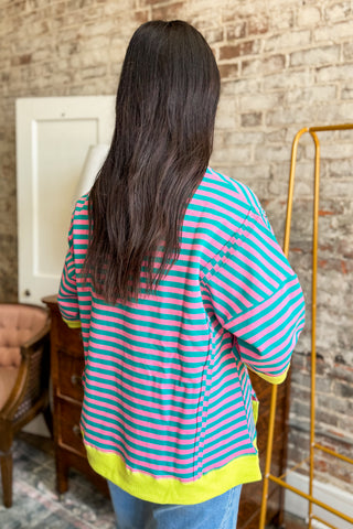Pink Stripe Contrast Trim Oversized Top