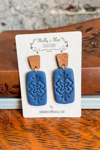 Navy Blue Floral Stamped Dangle Handmade Earrings