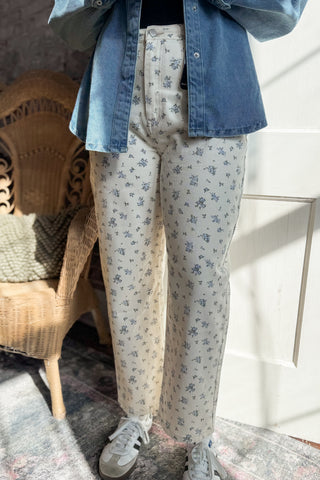 Floral Ecru Pattern Denim Jeans