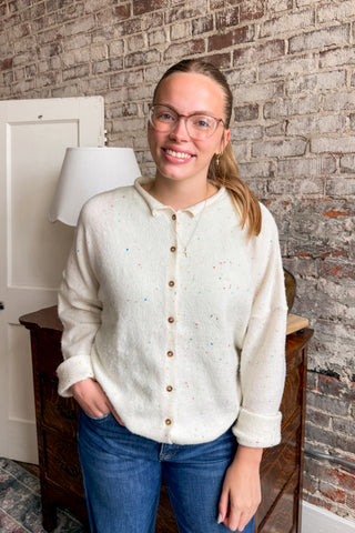 Cream Confetti Collared Cardigan