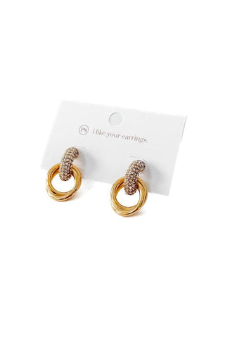 Gold and rhinestone circular earrings on a white card with 'I like your earrings' text.