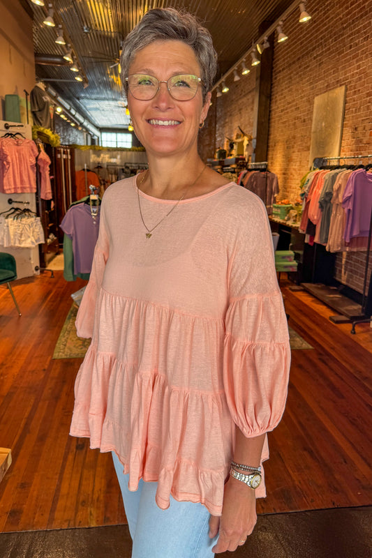 Peach Bubble Sleeve Tunic Top