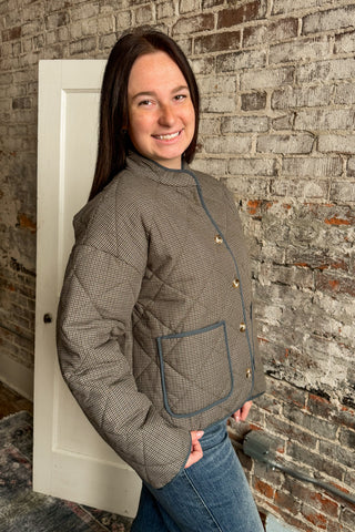 Olive Micro Checker Button Quilted Jacket