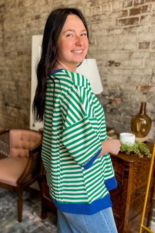 Green Stripe Contrast Trim Oversized Top