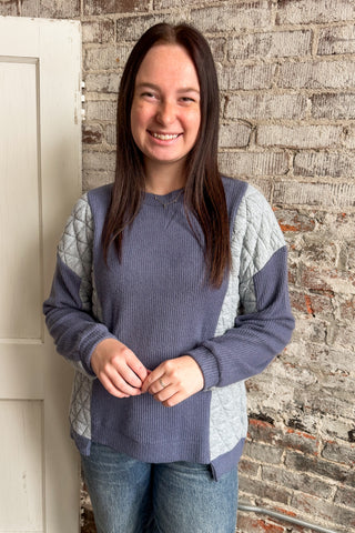 Blue Grey Mixed Fabric Crew Neck Top