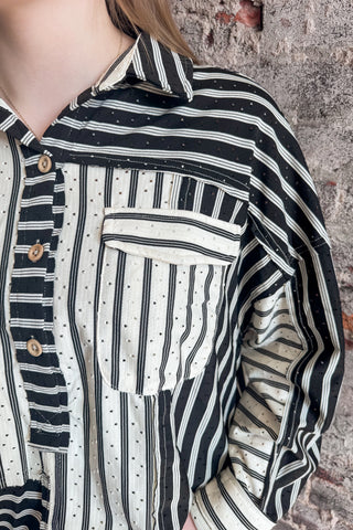 Black Mixed Up Striped Button Up Top