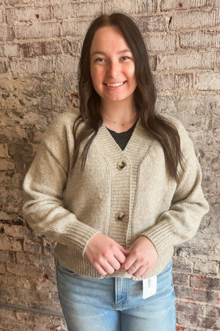 Heather Mocha Bubble Sleeve Button Up Cardigan