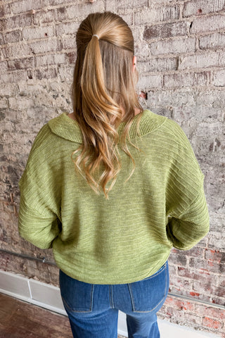 Green Collared V-Neck Textured Top