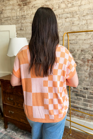 Coral and Pink Checkerboard Sweater Top