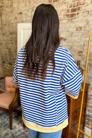 Royal Blue Stripe Contrast Trim Oversized Top