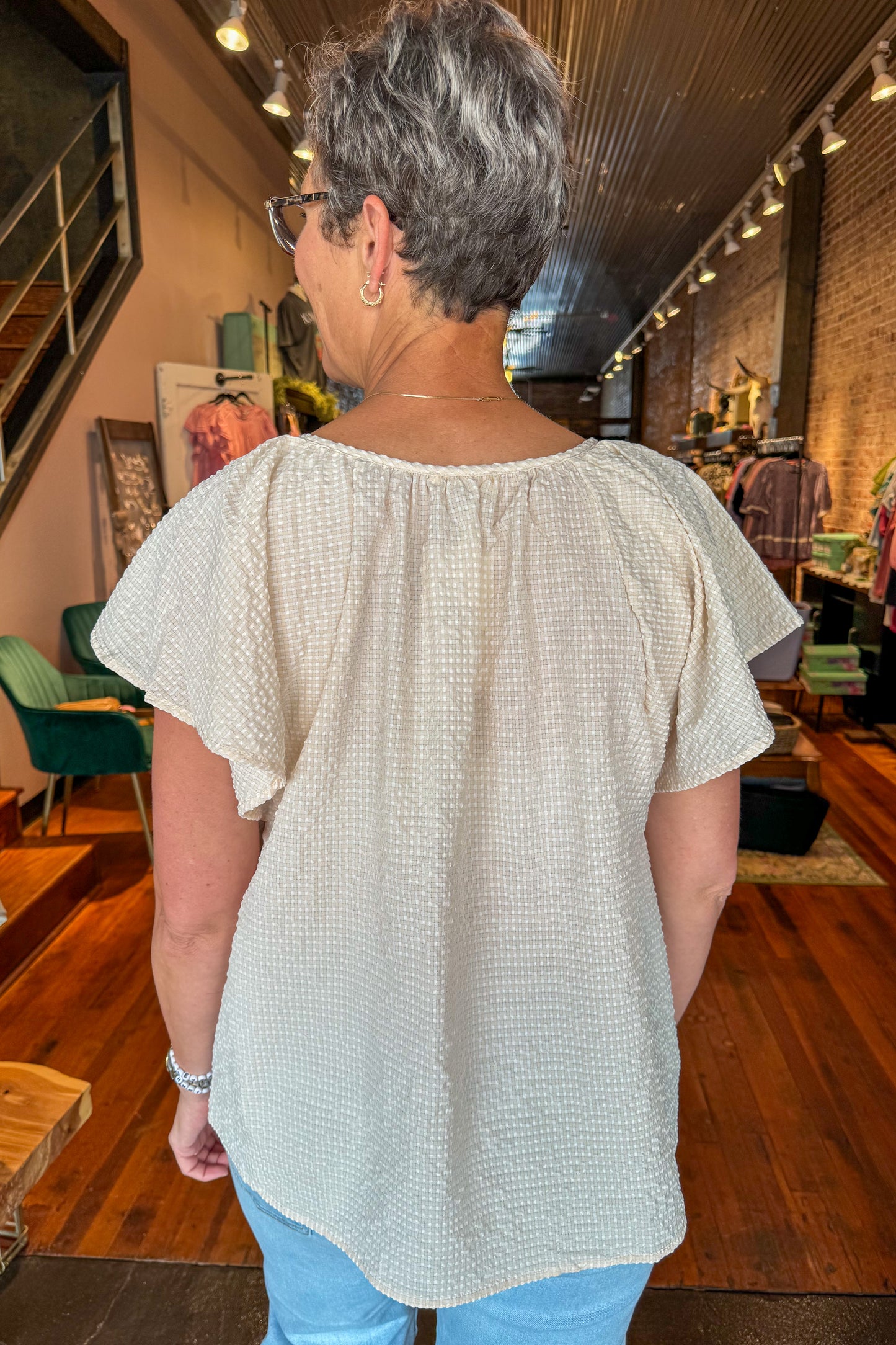 Neutral Textured Wing Sleeve Top