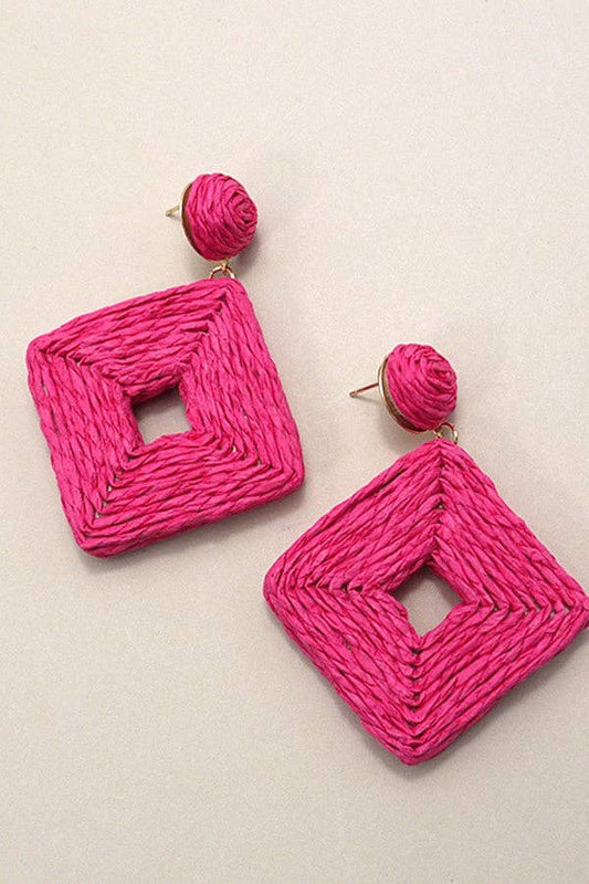 Fuchsia Raffia Square Drop Earrings