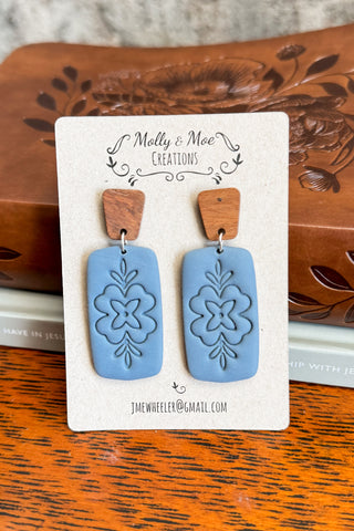 Cornflower Blue Floral Stamped Dangle Handmade Earrings