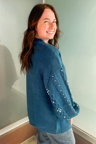 Teal Long Sleeve Pearl Cardigan