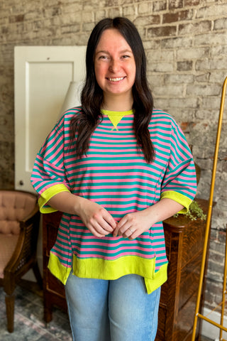 Pink Stripe Contrast Trim Oversized Top