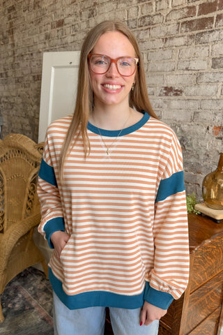 Taupe and Teal Striped Pullover