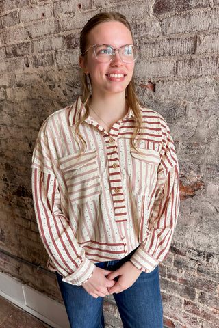 Mauve Mixed Up Striped Button Up Top