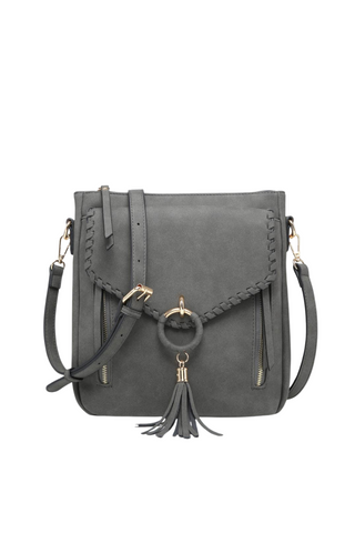 Layla Faux Suede Whipstitch Charcoal Crossbody w/ Tassel