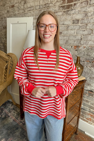 Red and Cream Stripe Waffle Knit Top