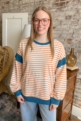 Taupe and Teal Striped Pullover