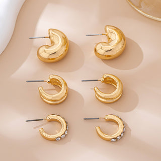 Gold & Rhinestone Puffy Hoop Trio Earrings