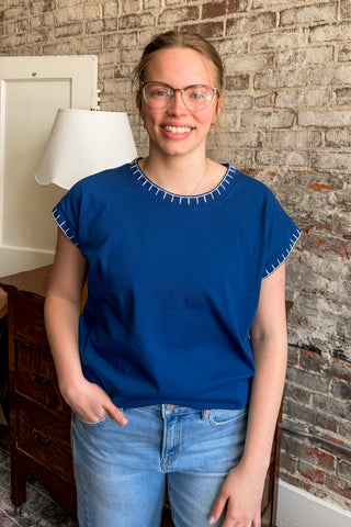 Royal Blue Stitched Detail Cap Sleeve Top