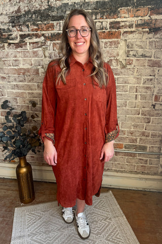 Terracotta Suede Long Sleeve Button Down Dress