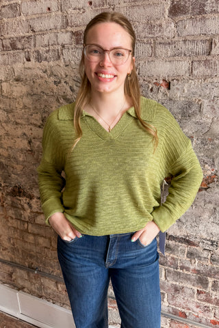 Green Collared V-Neck Textured Top