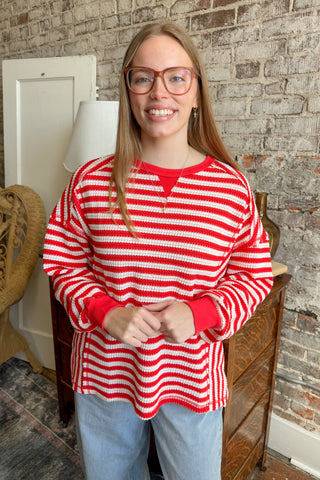 Red and Cream Stripe Waffle Knit Top