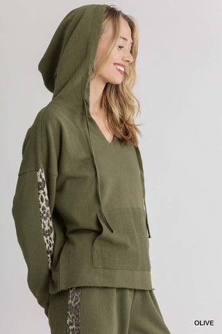Olive Sequin Animal Print Stripe Hooded Top