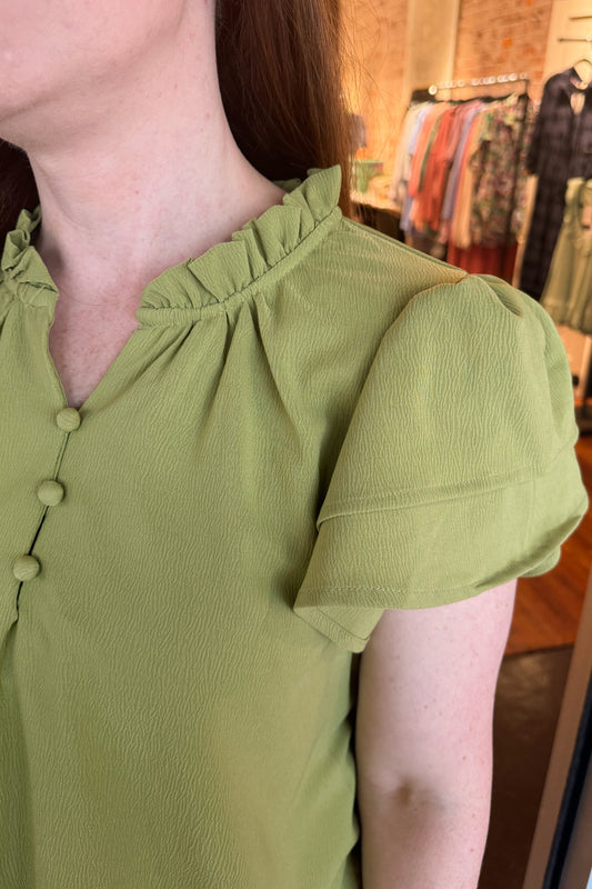 Avocado Button Ruffle Sleeve Top