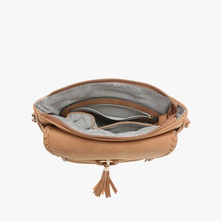 Layla Faux Suede Whipstitch Brown Crossbody w/ Tassel