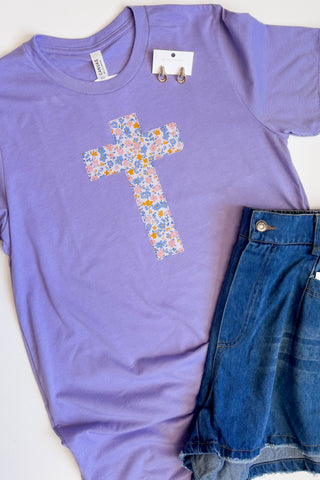 Floral Cross Faux Stitch Lavender Tee