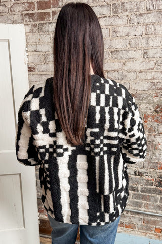 Black Checkered V-Neck Button Down Fleece Jacket