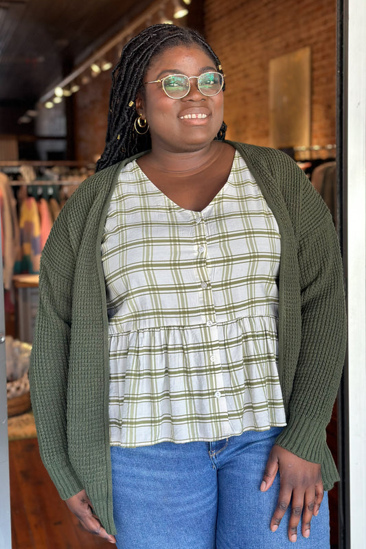 Olive Grid Button Up Curvy Top