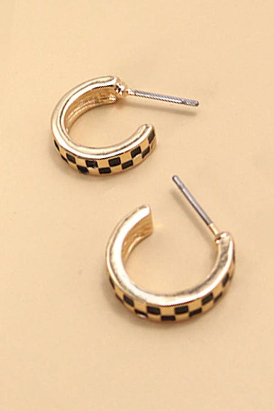 Huggie Black and Gold Check Earrings