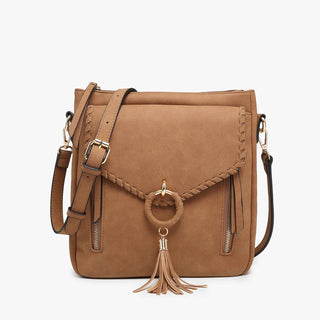 Layla Faux Suede Whipstitch Brown Crossbody w/ Tassel